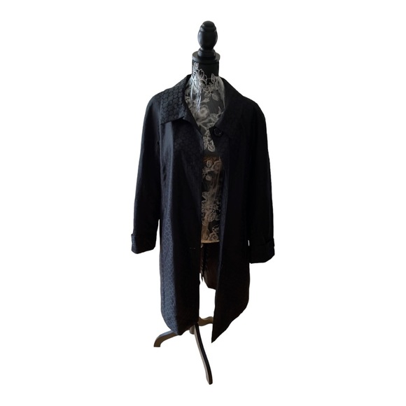 1 MADISON black on black print 3/4 trench rain coat needs buttons replac… - Picture 3 of 7